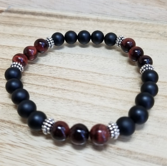 Black Onyx & Red Tiger Eye Stretch Bracelet - Picture 4 of 7